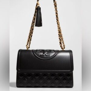 Tory Burch Black Quilted Leather Shoulder Bag with Gold Chain